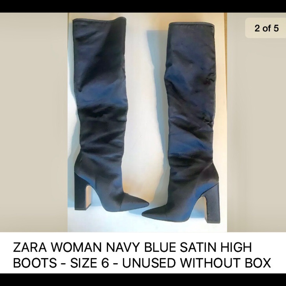 ZARA WOMAN NAVY BLUE SATIN HIGH BOOTS - SIZE 6 -